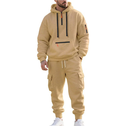 Cargo Jogginganzug Herren | Hoodie mit Reißverschlusstaschen | 6 Farben-Beige-M-Chaps Herrenmode