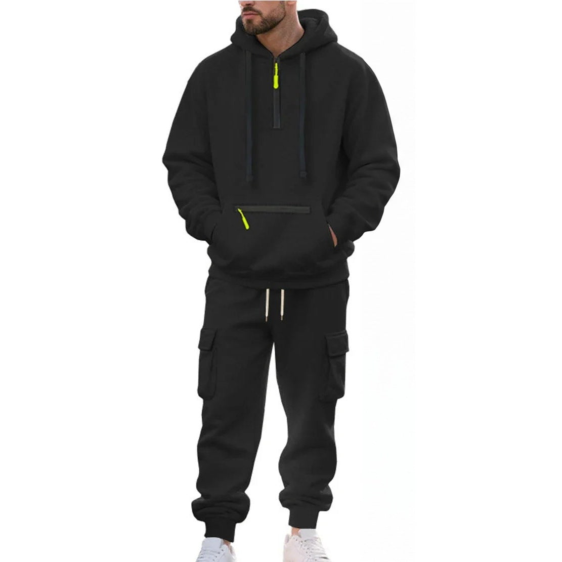Cargo Jogginganzug Herren | Hoodie mit Reißverschlusstaschen | 6 Farben-Schwarz-M-Chaps Herrenmode