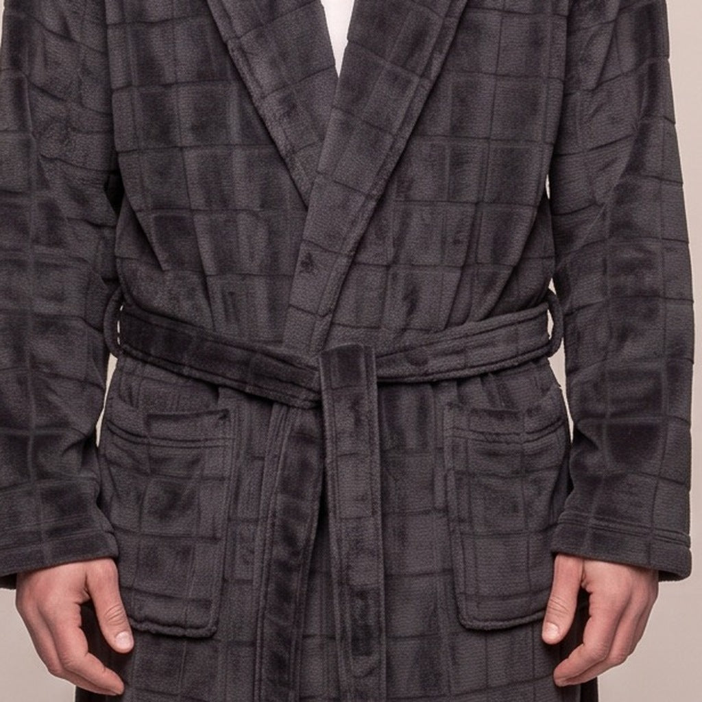 Karo Fleece Bademantel Herren | Lang | Dunkelgrau