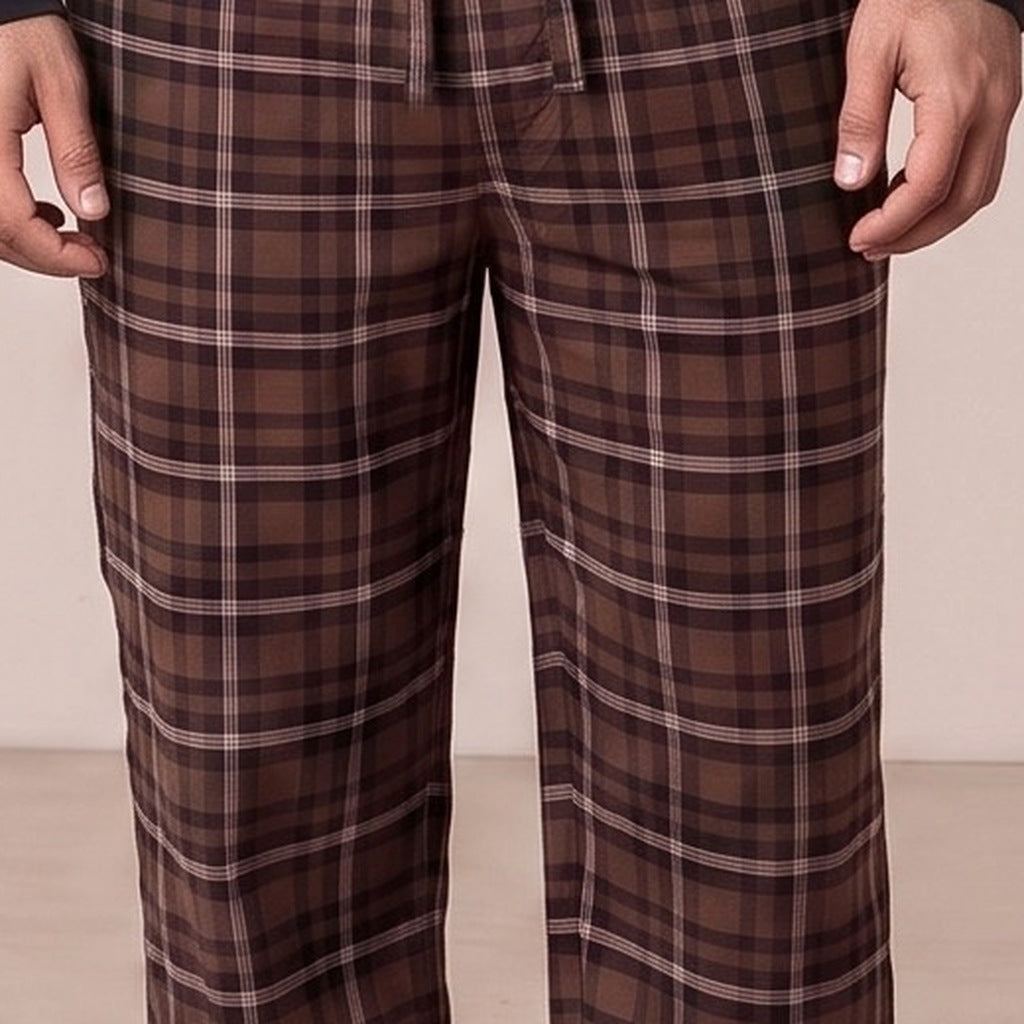 Henley Schlafanzug Herren | Extra Lang | Karierte Hose | Braun