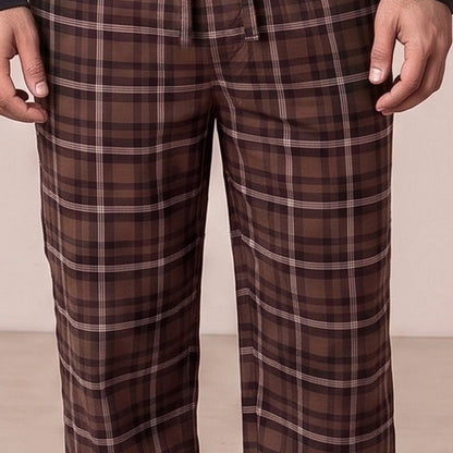 Henley Schlafanzug Herren | Extra Lang | Karierte Hose | Braun