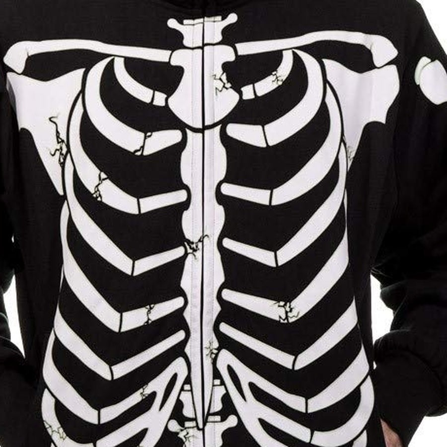 Skelett Hoodie mit Totenkopf Kapuze | Leuchtet im Dunkeln | Reißverschluss-Chaps Herrenmode