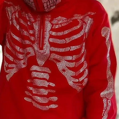 Strass Skelett Hoodie | Totenkopf Maske | Kapuze | Rot-Chaps Herrenmode