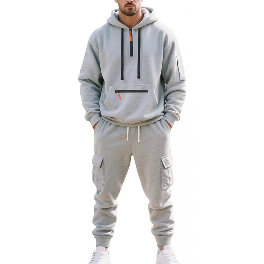 Cargo Jogginganzug Herren | Hoodie mit Reißverschlusstaschen | 6 Farben-Hellgrau-M-Chaps Herrenmode