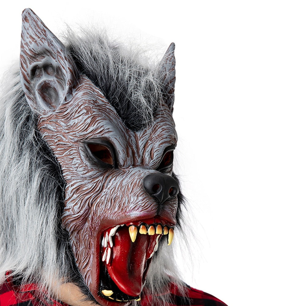 Werwolf Maske Grau | Latex | Kunstfell | Offenes Maul | Vollkopf