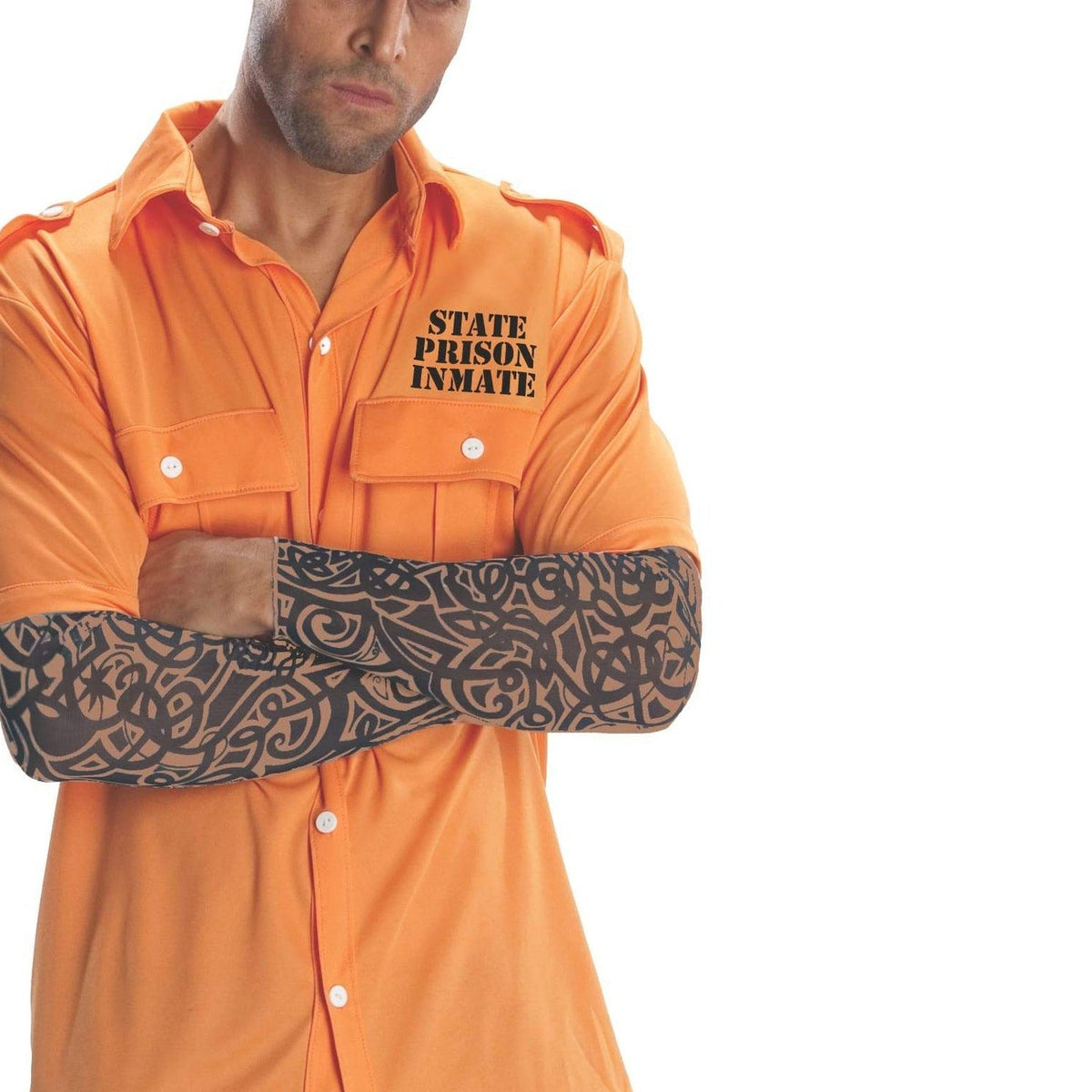 Häftling Kostüm | Orangefarbenes Hemd | Tattoo-Ärmel-Chaps Herrenmode