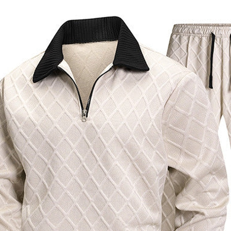 Halfzip Loungewear Set Herren | Rautenstruktur | Creme-Chaps Herrenmode