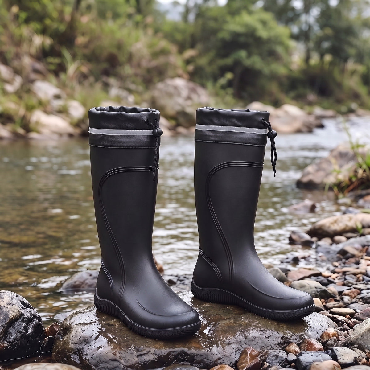 Schwarze kniehohe Gummistiefel auf nassen Steinen am Flussufer stehend | Chaps Herrenmode