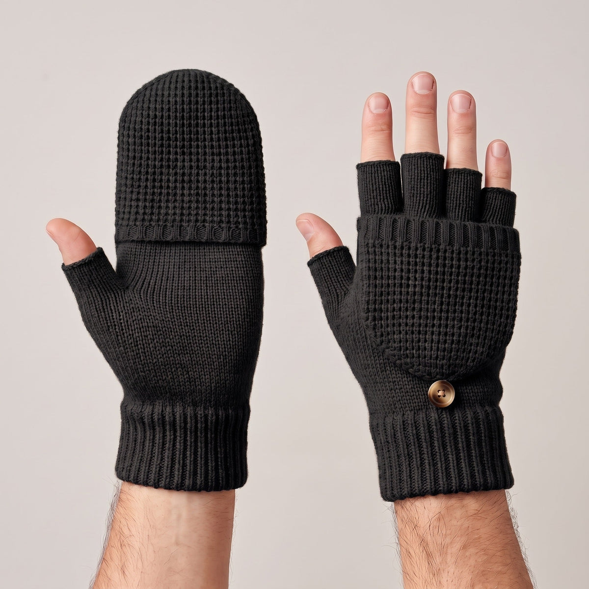 Fingerlose Handschuhe Herren | Klappbar | Strick | Knopf