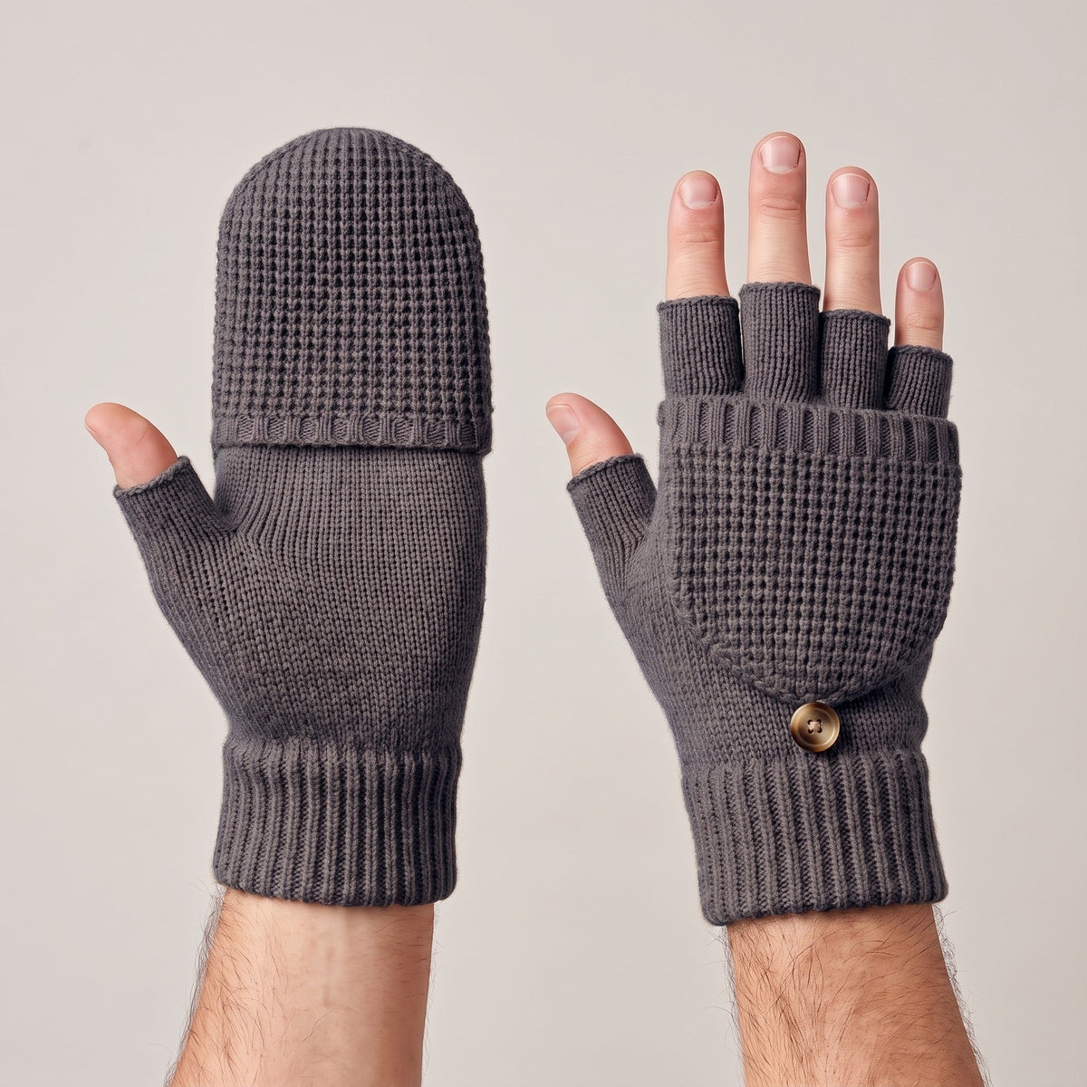 Fingerlose Handschuhe Herren | Klappbar | Strick | Knopf