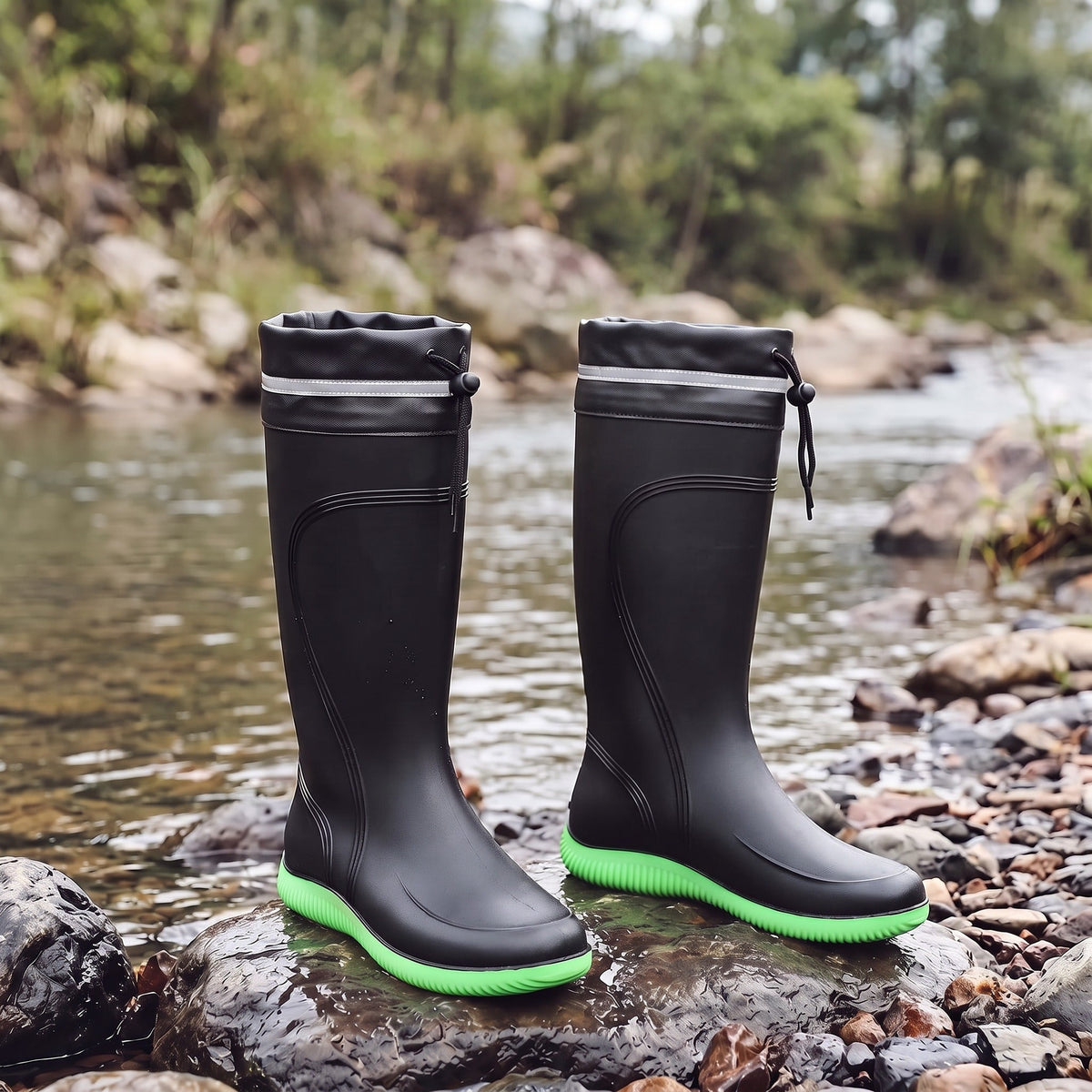 Schwarze Gummistiefel mit grüner Sohle, kniehoch, stehend auf Steinen am Fluss | Chaps Herrenmode