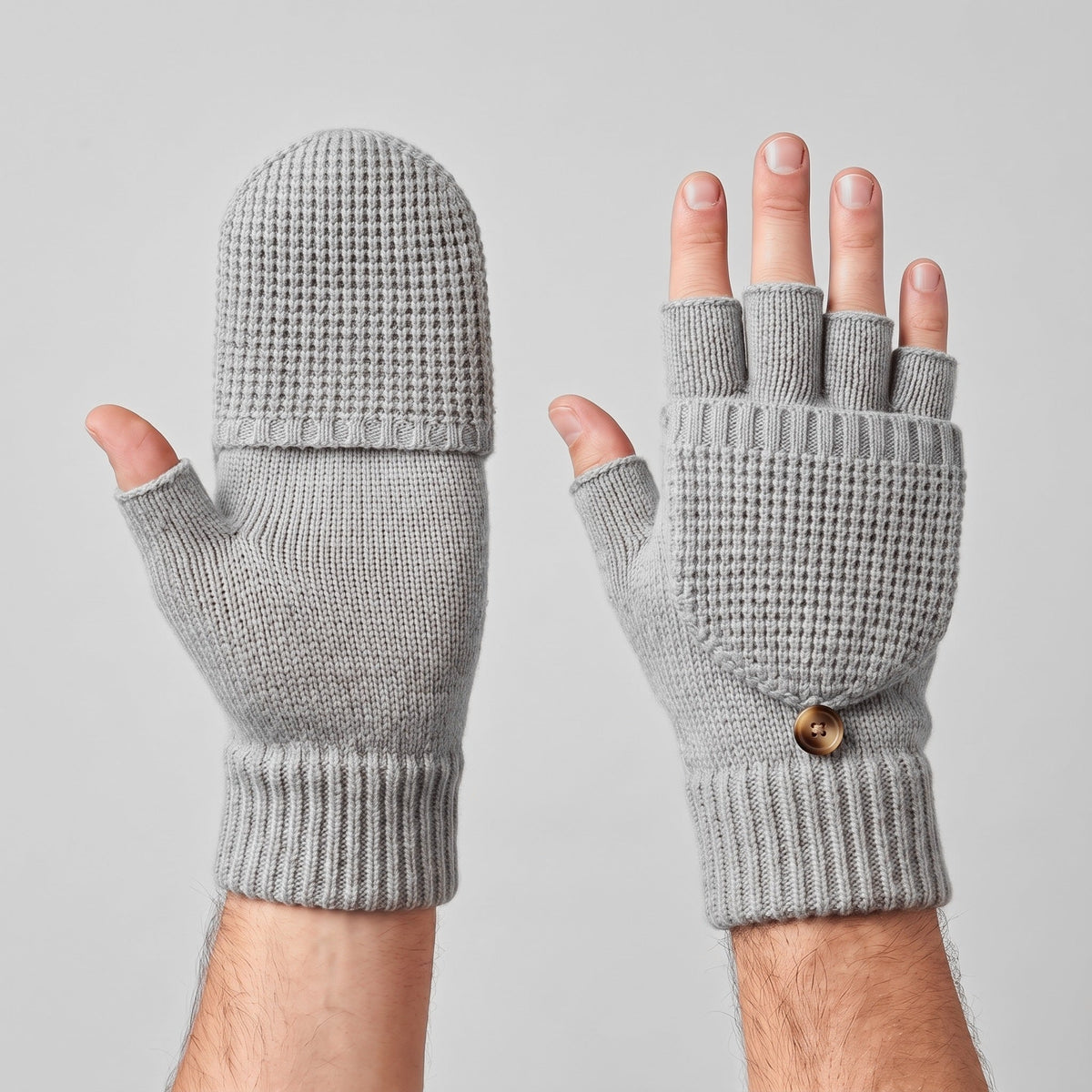 Fingerlose Handschuhe Herren | Klappbar | Strick | Knopf