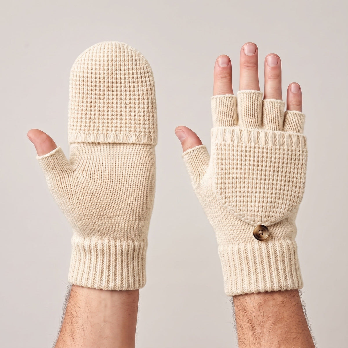 Fingerlose Handschuhe Herren | Klappbar | Strick | Knopf