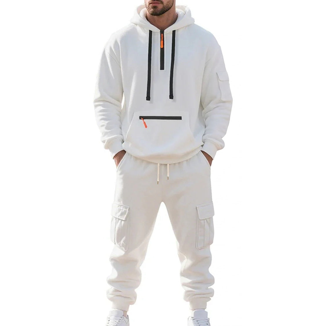 Cargo Jogginganzug Herren | Hoodie mit Reißverschlusstaschen | 6 Farben-Weiß-M-Chaps Herrenmode