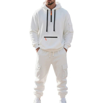 Cargo Jogginganzug Herren | Hoodie mit Reißverschlusstaschen | 6 Farben-Weiß-M-Chaps Herrenmode