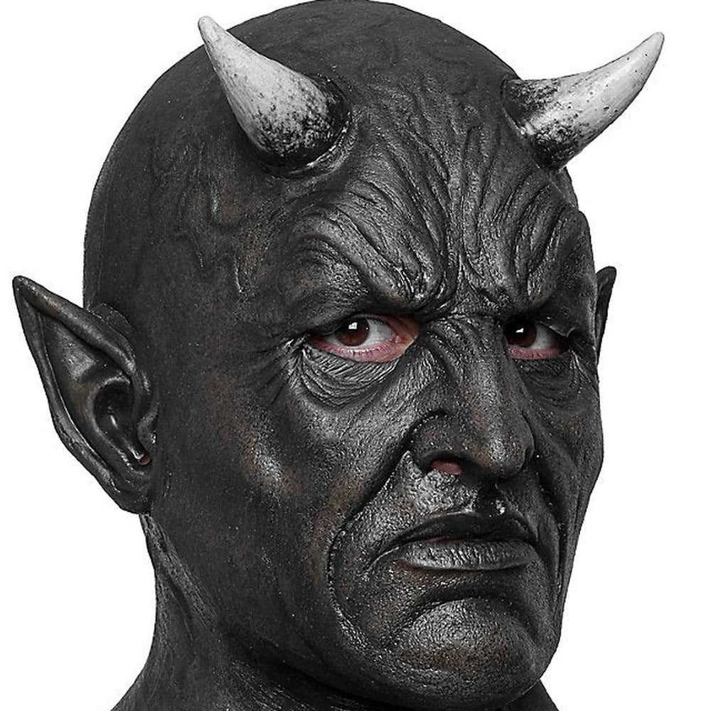 Schwarze Dämonen Maske | Hörner | Spitze Ohren | Vollkopf mit Halsteil