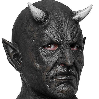Schwarze Dämonen Maske | Hörner | Spitze Ohren | Vollkopf mit Halsteil