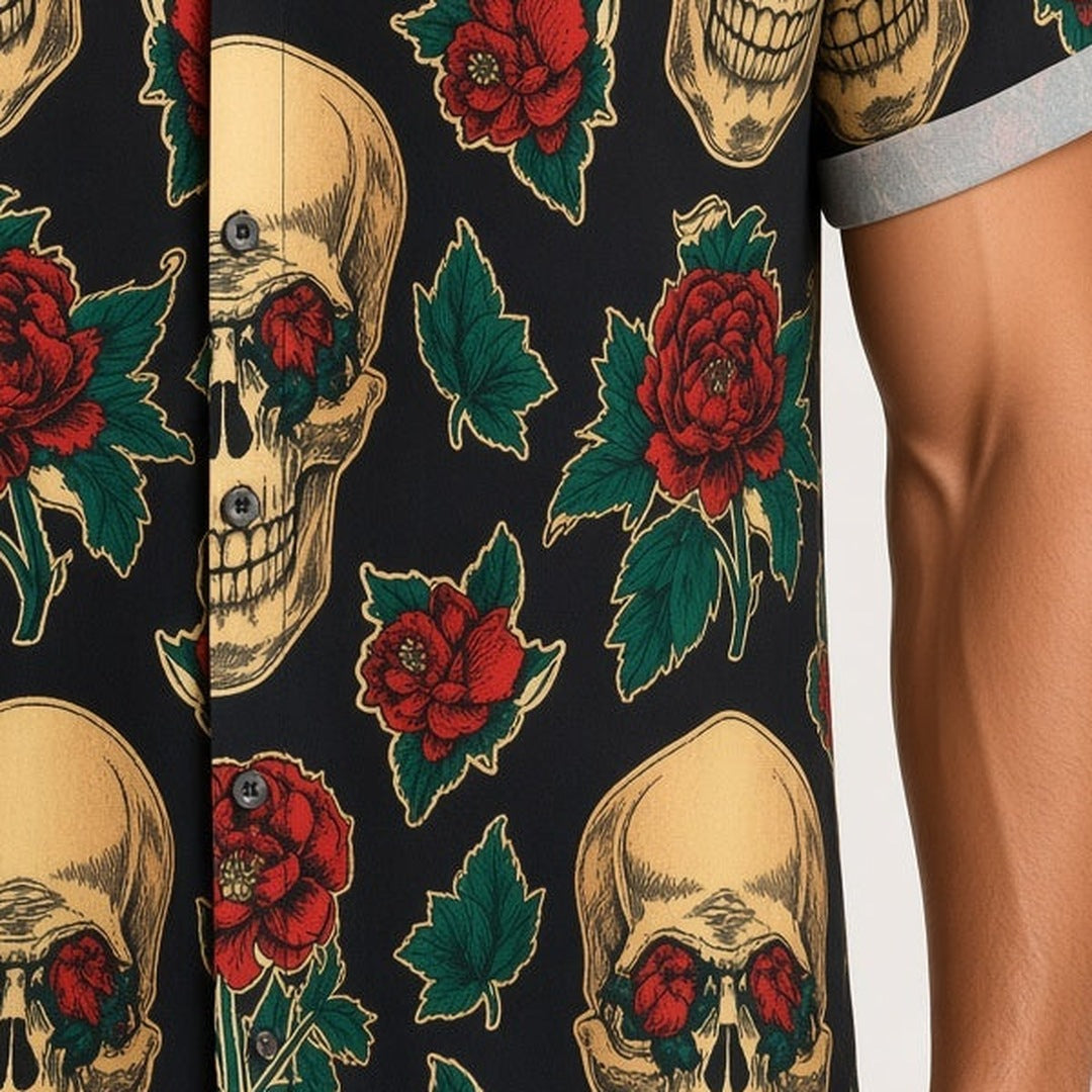 Totenkopf Hemd Herren | Kurzarm | Blumen Print | Reverskragen | 8 Designs