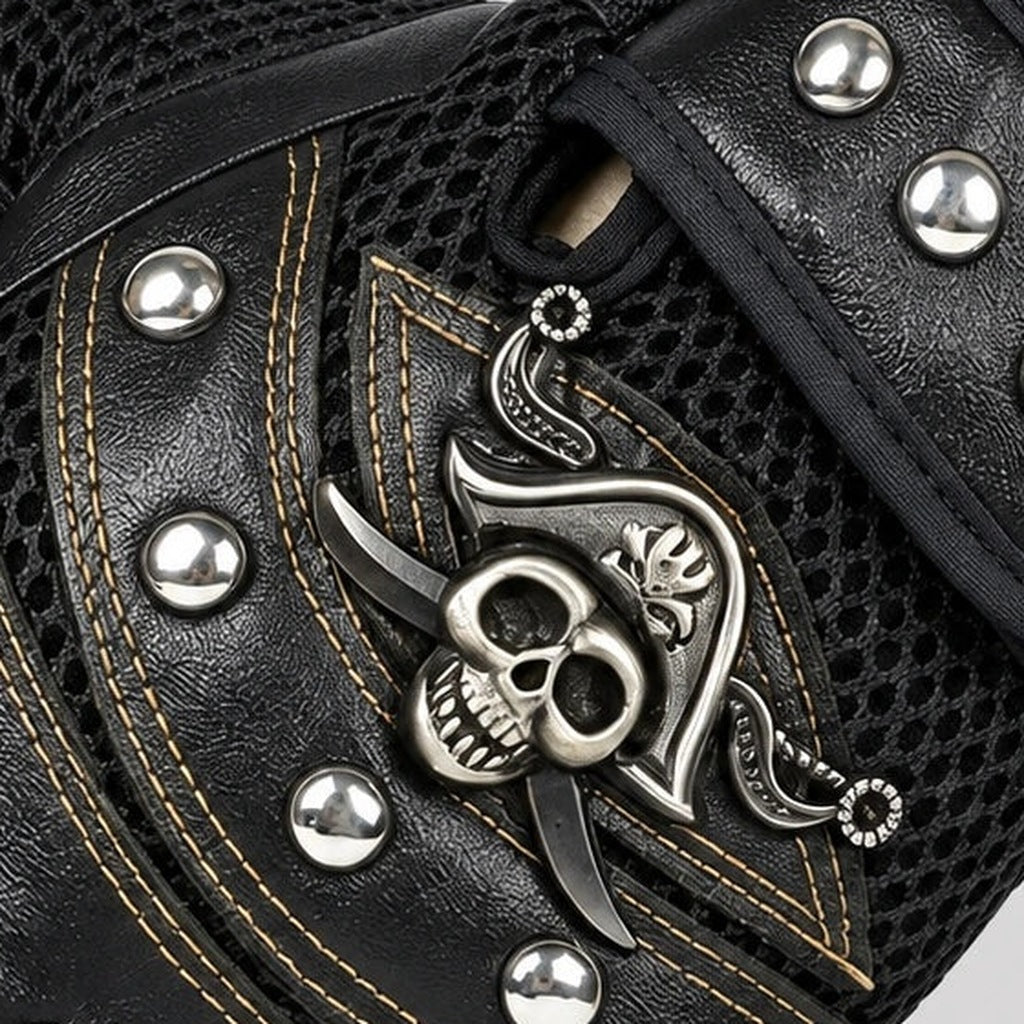 Fingerlose Biker Handschuhe | Totenkopf Emblem | Nieten | Kunstleder-Chaps Herrenmode