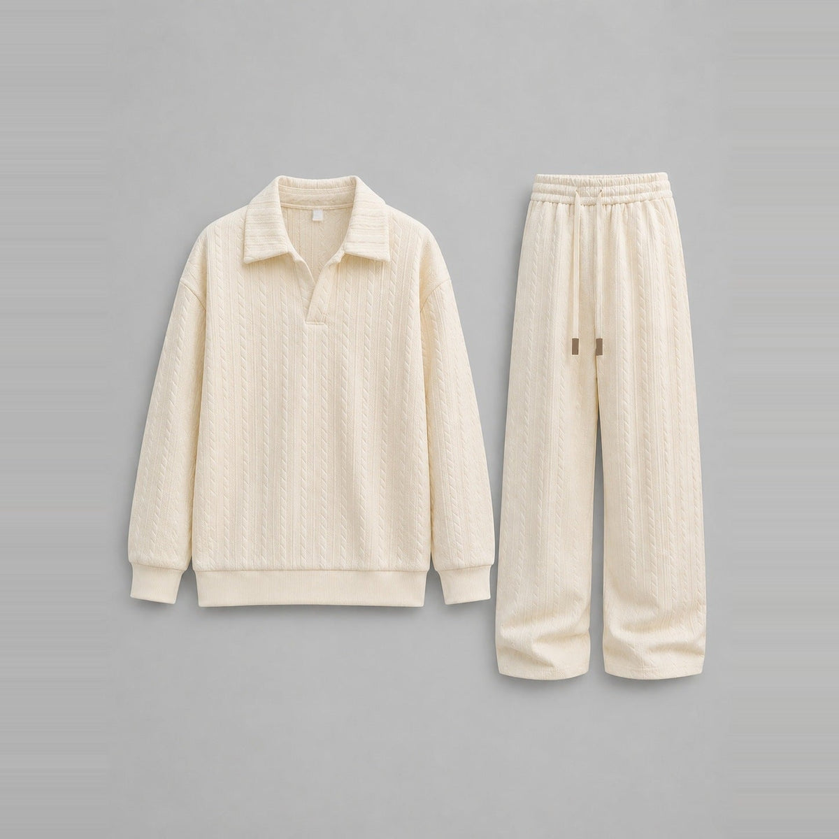 Loungewear Set Herren | Zopfmuster-Optik | Polokragen | Weite Hose