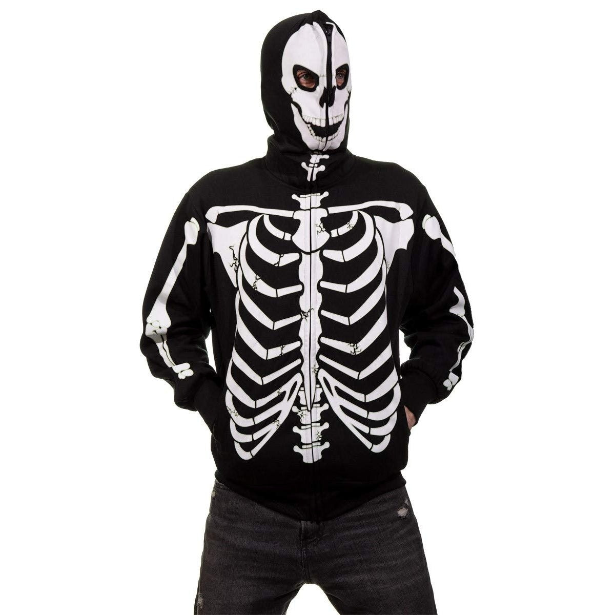 Skelett Hoodie mit Totenkopf Kapuze | Leuchtet im Dunkeln | Reißverschluss-Schwarz-S-Chaps Herrenmode
