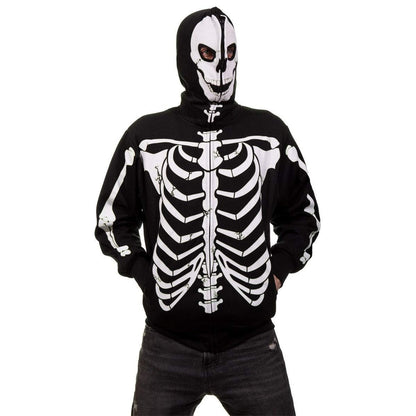 Skelett Hoodie mit Totenkopf Kapuze | Leuchtet im Dunkeln | Reißverschluss-Schwarz-S-Chaps Herrenmode