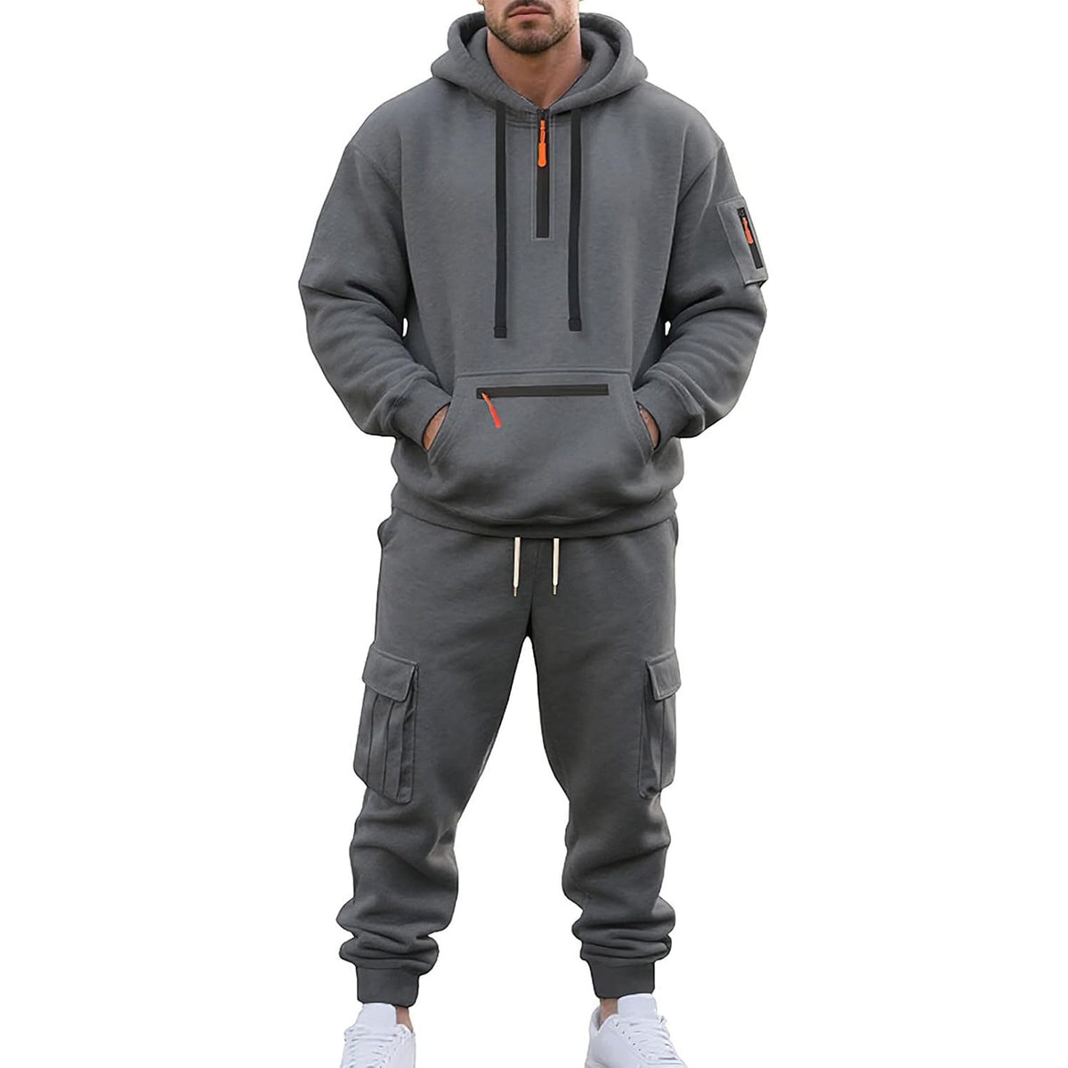 Cargo Jogginganzug Herren | Hoodie mit Reißverschlusstaschen | 6 Farben-Dunkelgrau-M-Chaps Herrenmode