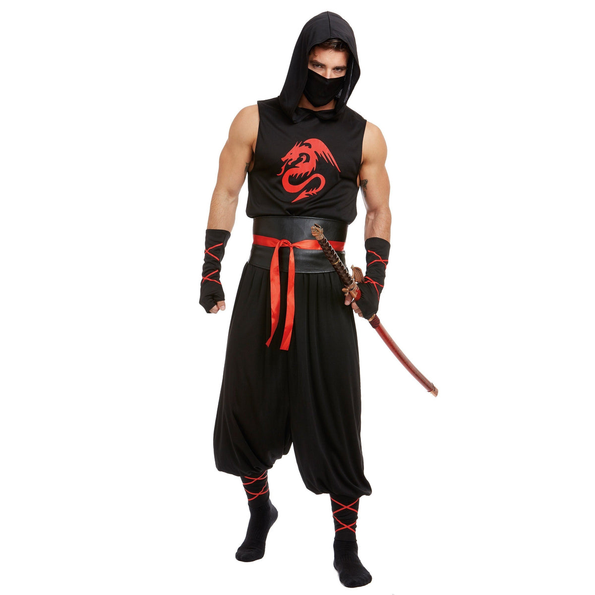 Ninja Kostüm Herren | Drachen Print | Maske | Gürtel | Hose
