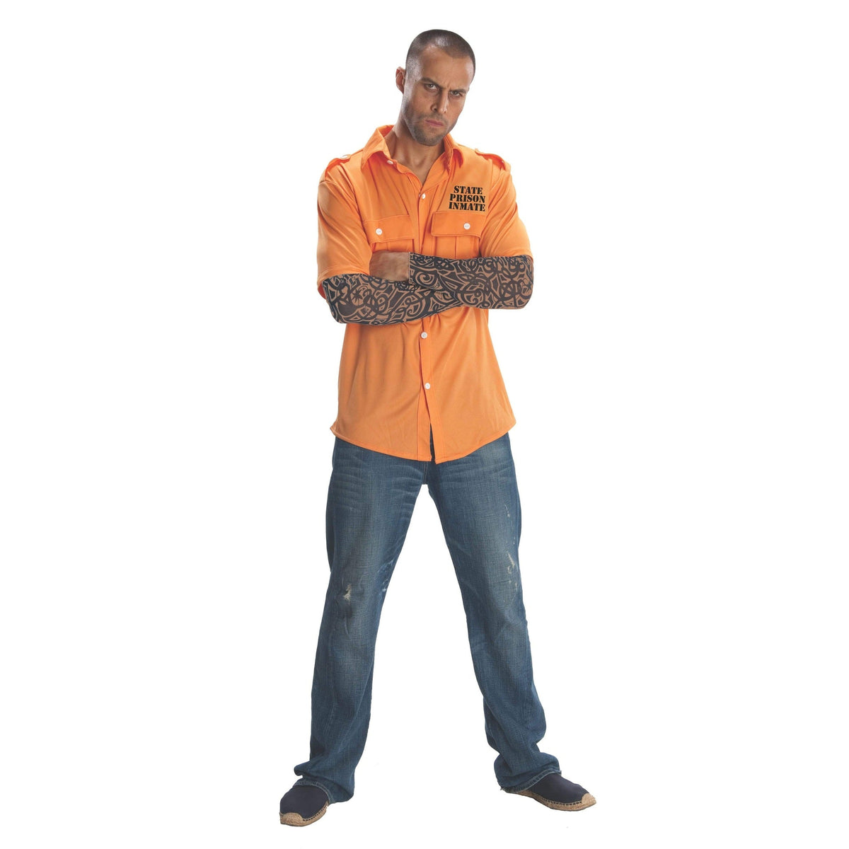 Häftling Kostüm | Orangefarbenes Hemd | Tattoo-Ärmel-Orange-Standard-Chaps Herrenmode
