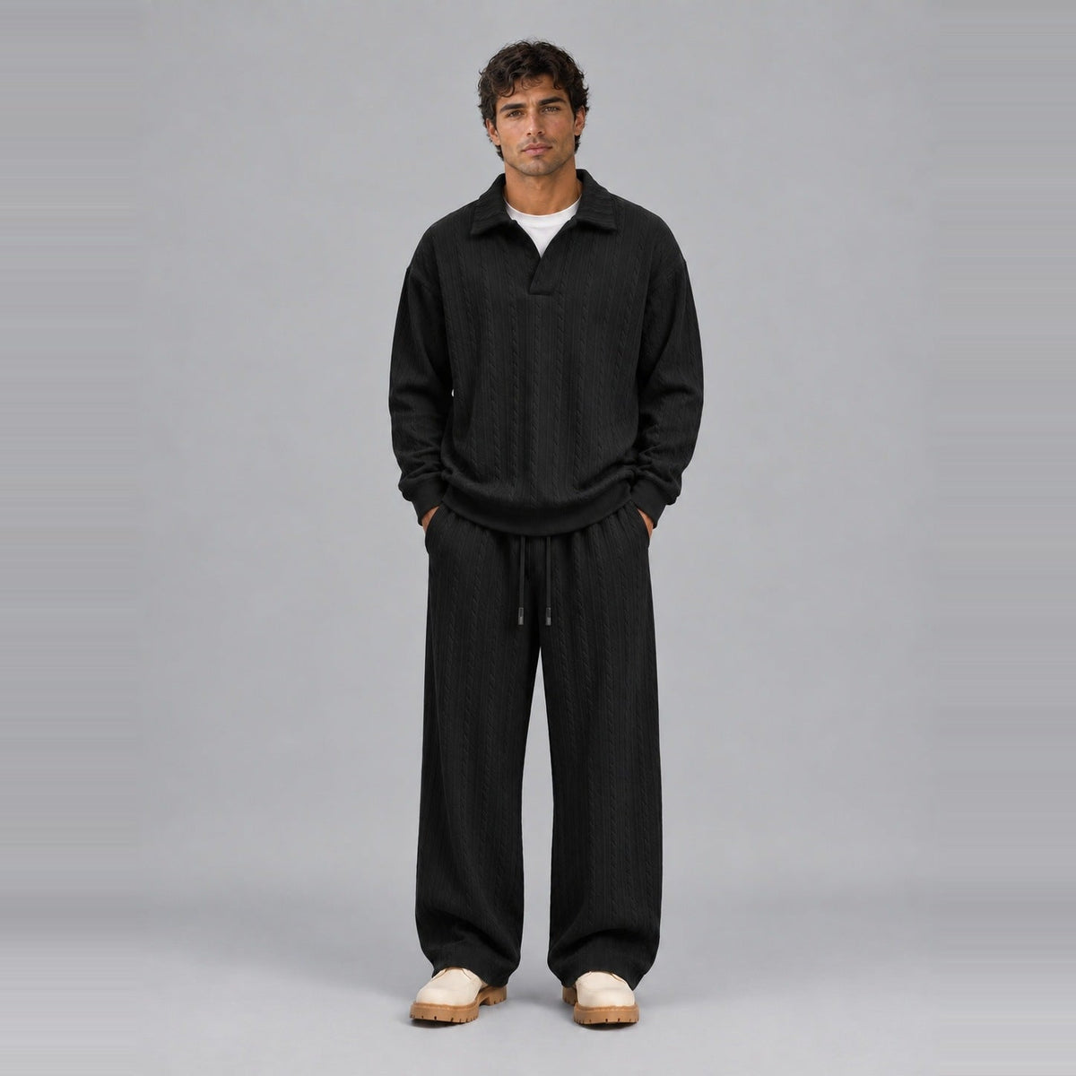 Loungewear Set Herren | Zopfmuster-Optik | Polokragen | Weite Hose