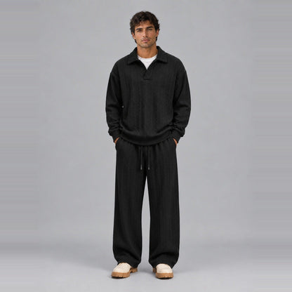 Loungewear Set Herren | Zopfmuster-Optik | Polokragen | Weite Hose