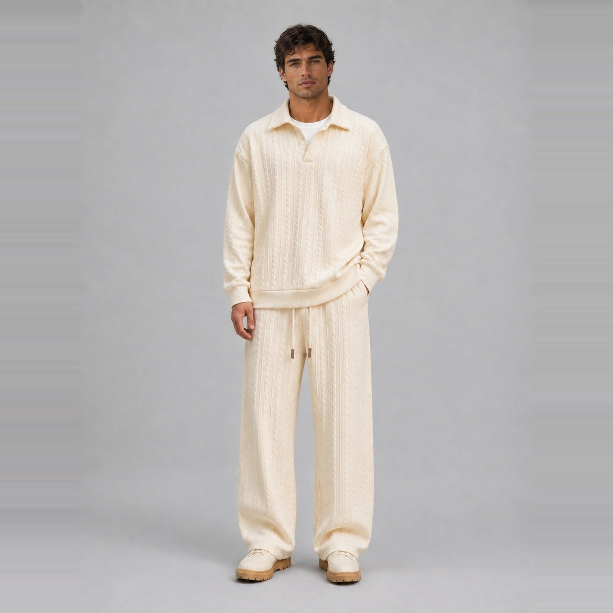 Loungewear Set Herren | Zopfmuster-Optik | Polokragen | Weite Hose