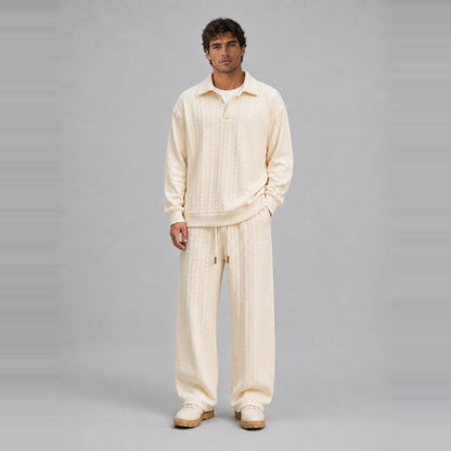 Loungewear Set Herren | Zopfmuster-Optik | Polokragen | Weite Hose