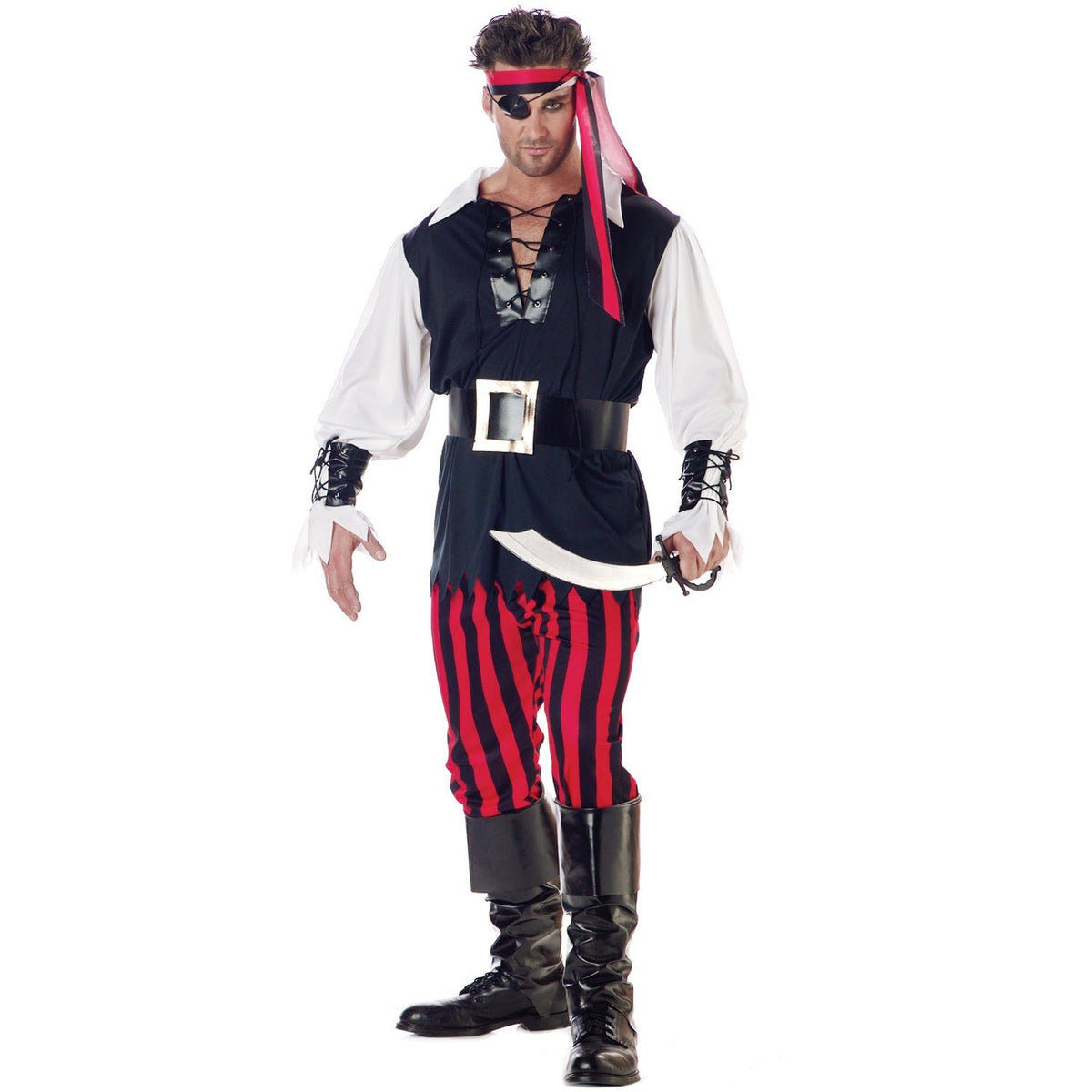 Piraten Kostüm Herren | Hemd | Hose | Kopftuch | Augenklappe-Schwarz-Rot-S-Chaps Herrenmode
