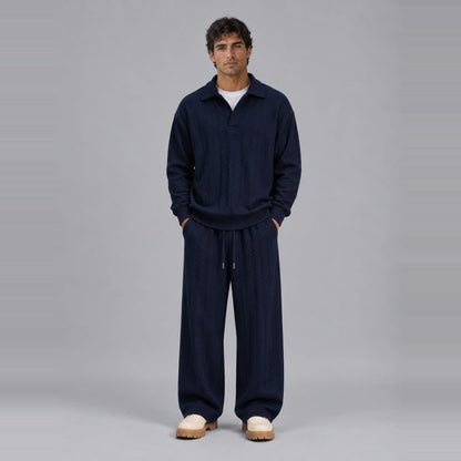 Loungewear Set Herren | Zopfmuster-Optik | Polokragen | Weite Hose