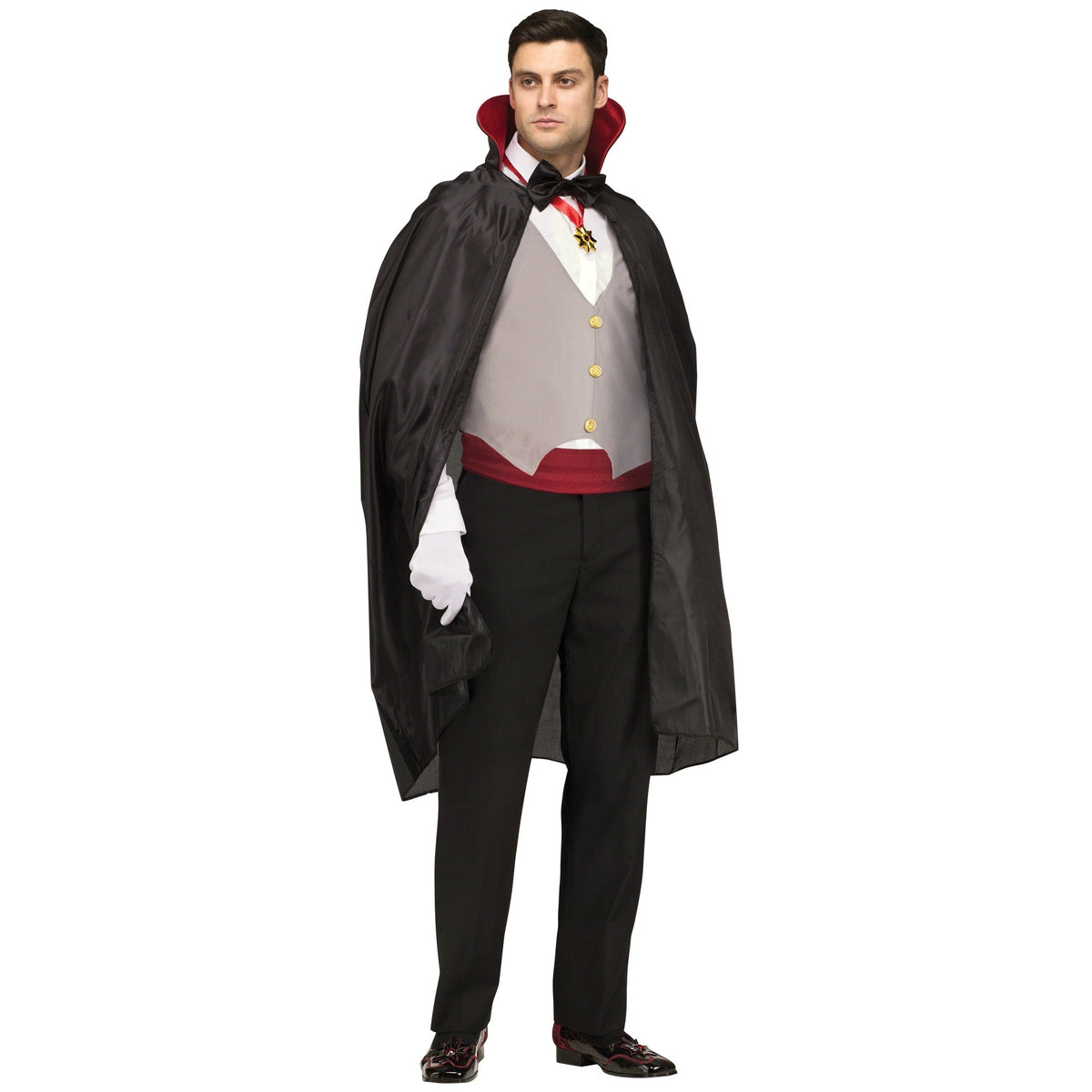 Dracula Kostüm | Umhang | Westeneinsatz | Medaillon | Handschuhe-Schwarz-Rot-One Size-Chaps Herrenmode
