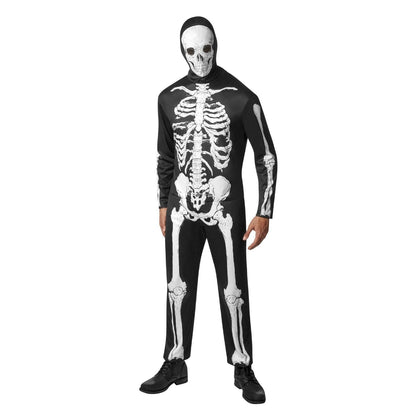 Skelett Kostüm Erwachsene | Overall | Totenkopf Haube | Knochen Print-Schwarz-Weiß-S-Chaps Herrenmode