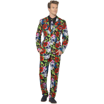Tag der Toten Anzug Herren | Totenkopf Blumenmuster | Sakko, Hose, Krawatte-Mehrfarbig-M-Chaps Herrenmode