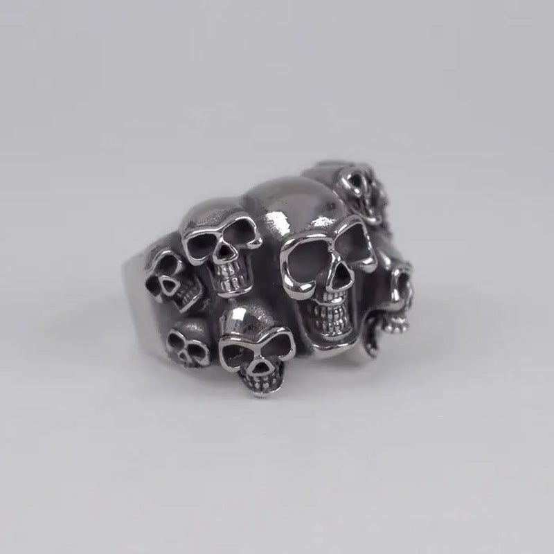 Totenkopf Ring Herren | Breit | Schädelreihe | Edelstahl | Biker Ring-Silber-55-Chaps Herrenmode