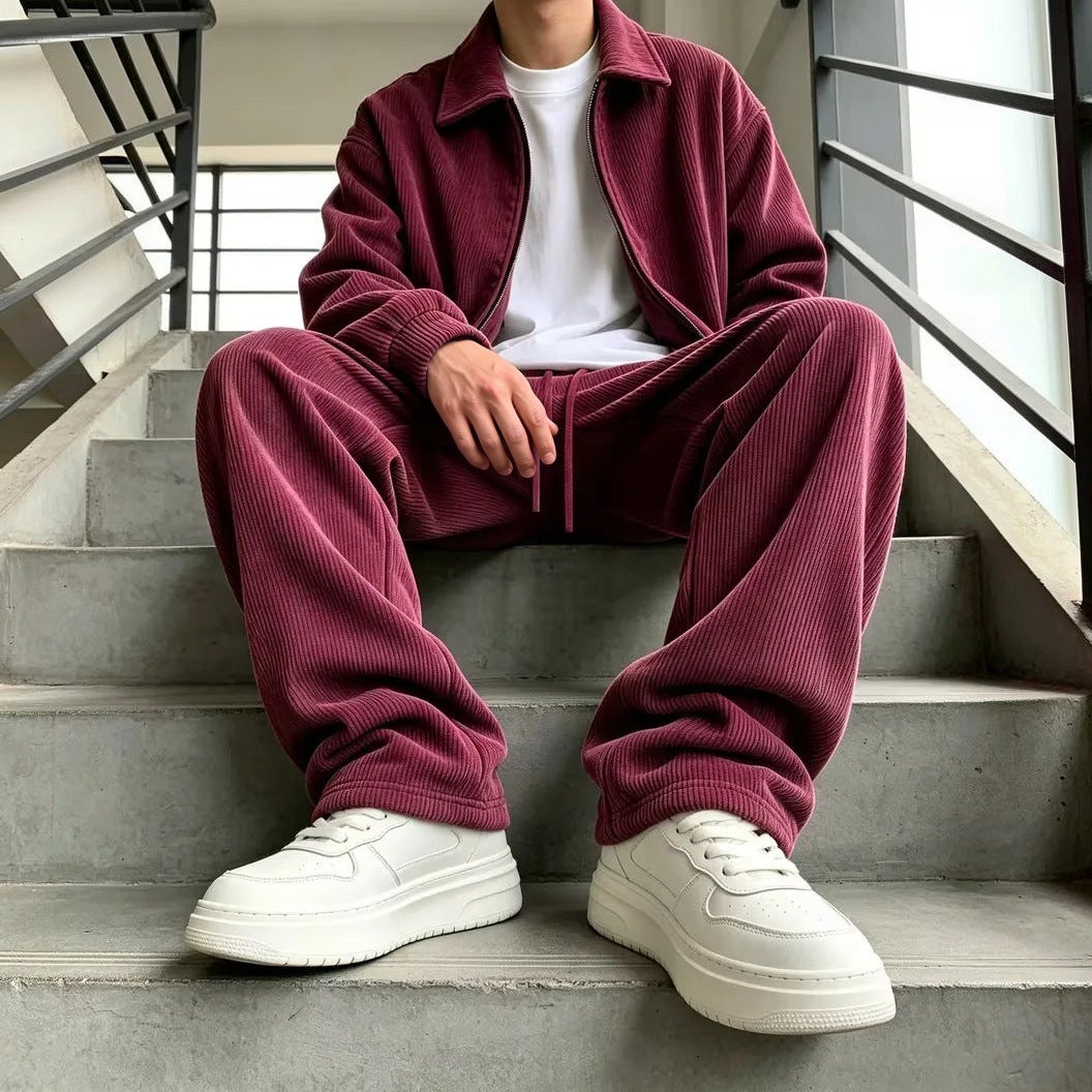 Cordanzug Herren | Jacke mit Reißverschluss | Weite Hose | 5 Farben-Weinrot-S-Chaps Herrenmode