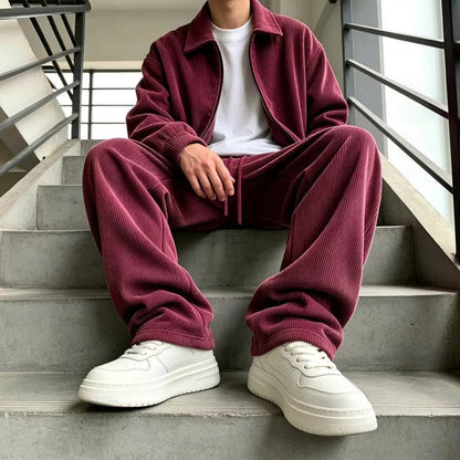 Cordanzug Herren | Jacke mit Reißverschluss | Weite Hose | 5 Farben-Weinrot-S-Chaps Herrenmode