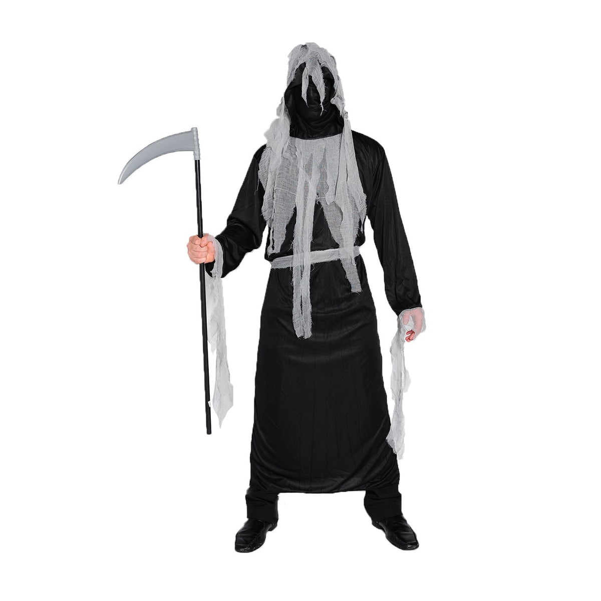 Zombie Geist Kostüm | Robe | Kapuzenmaske mit Fetzen | Schärpe