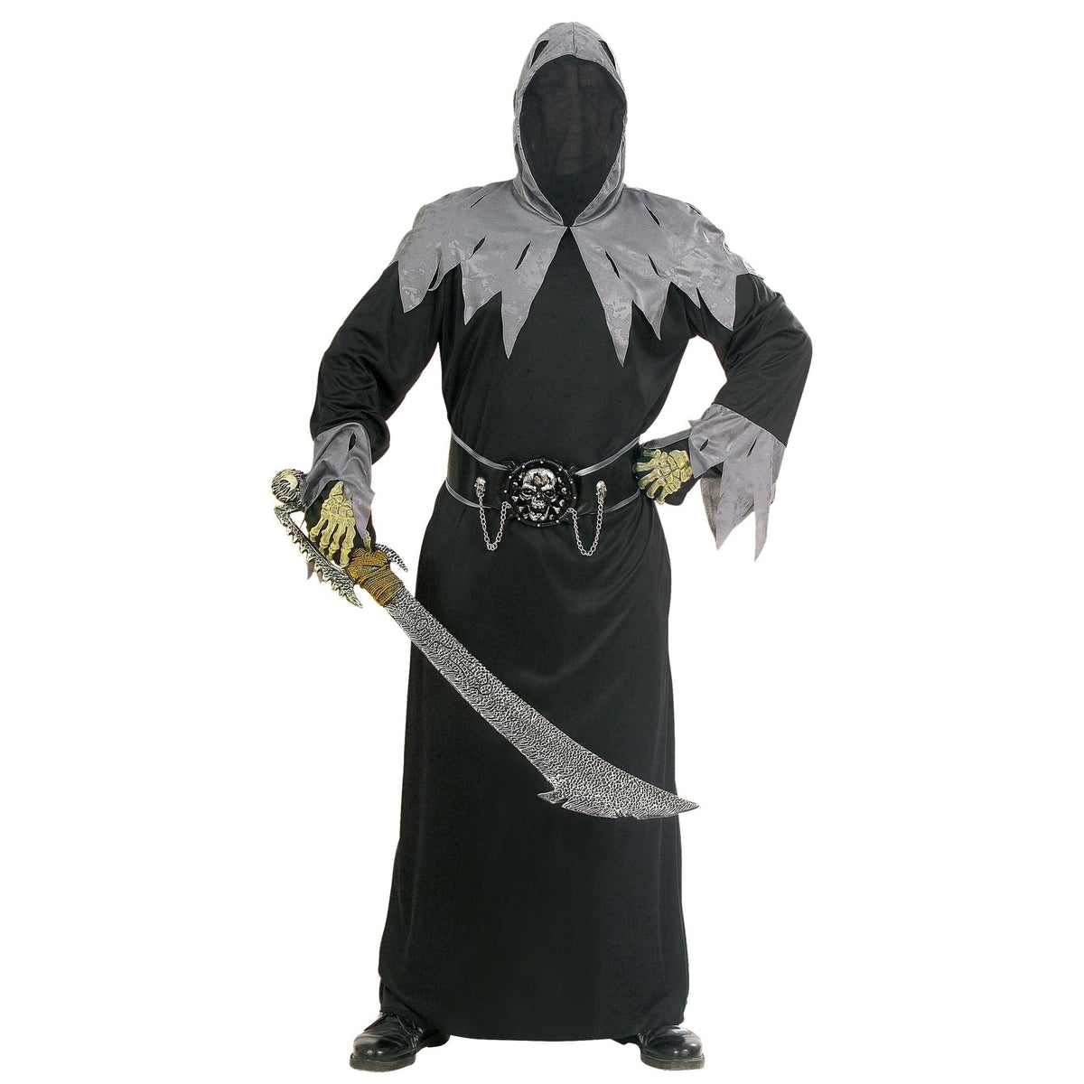 Sensenmann Kostüm | Kapuzengewand | Maske | Totenkopf Gürtel-Schwarz-Grau-S-Chaps Herrenmode