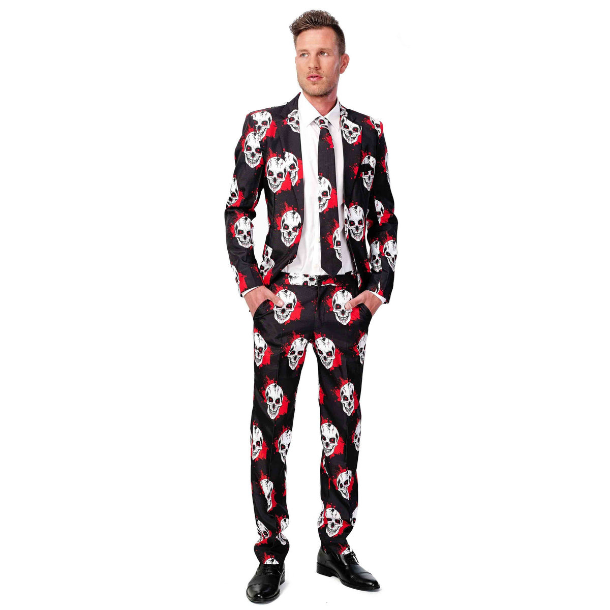 Totenkopf Anzug Herren | Blutspritzer | Sakko, Hose, Krawatte | Schwarz