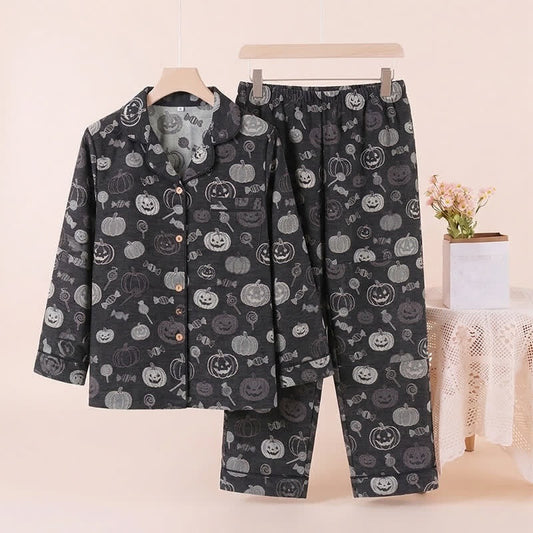 Kürbis Pyjama Set Herren | Süßigkeiten Muster | Knopfleiste | Schwarz-Schwarz-M-Chaps Herrenmode