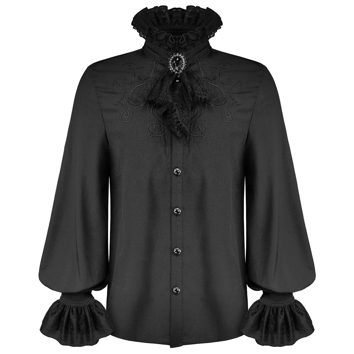 Gothic Hemd Herren | Abnehmbares Spitzenjabot | Brosche | Stickerei | Schwarz-Chaps Herrenmode