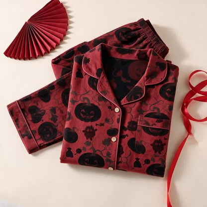 Kürbis Monster Pyjama Set Herren | Knopfleiste | Rot mit Schwarz
