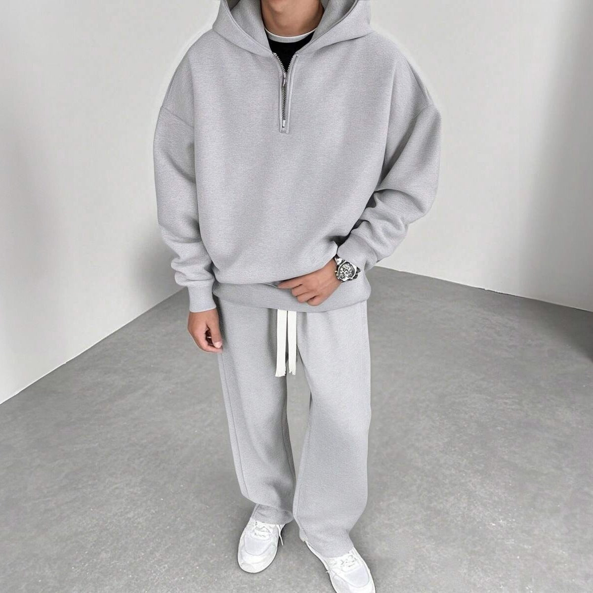 Halfzip Jogginganzug Herren | Weite Jogginghose | 3 Farben-Hellgrau-S-Chaps Herrenmode