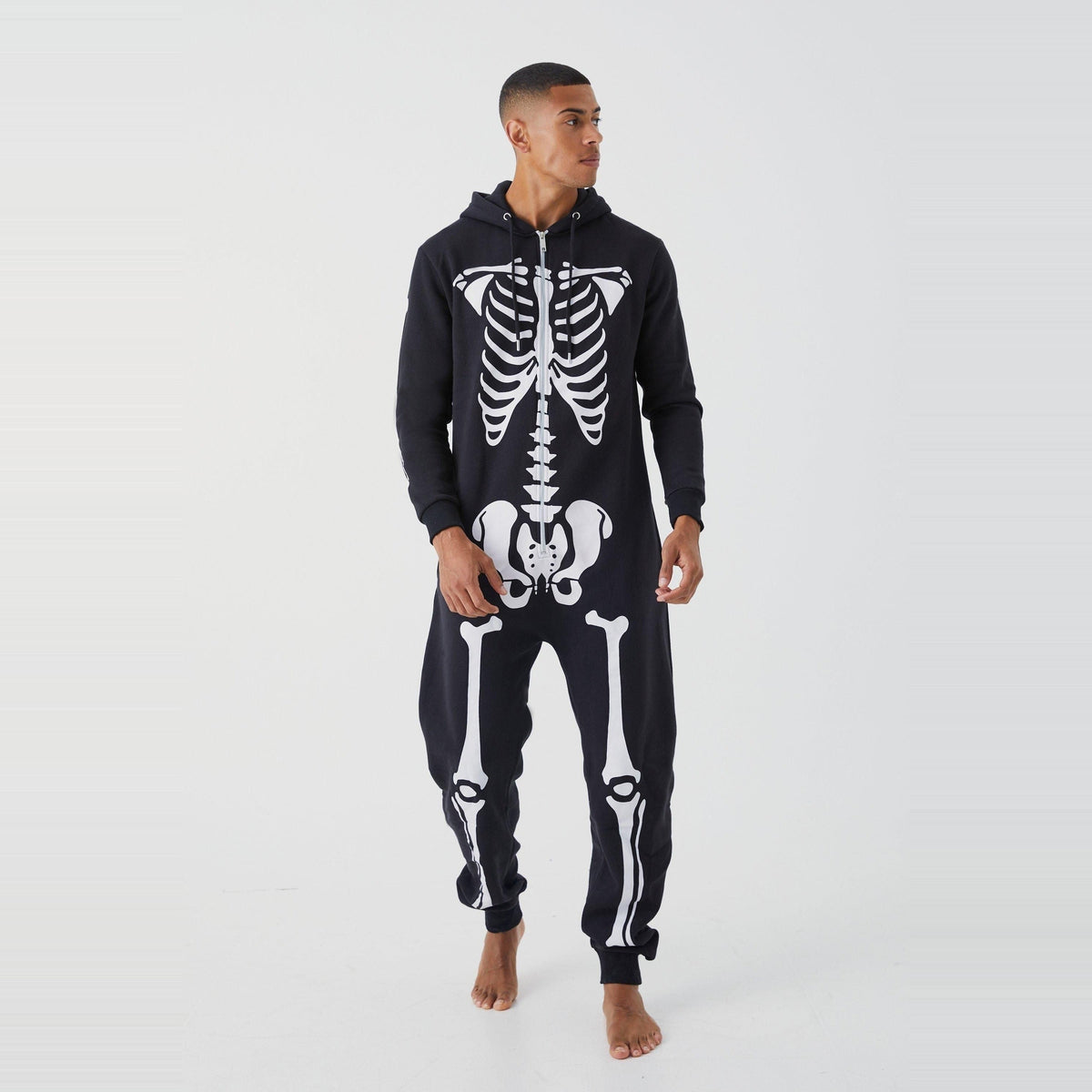 Skelett Kapuzenoverall Herren | Reißverschluss | Knochen Print | Schwarz-Schwarz-S-Chaps Herrenmode