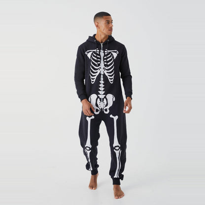 Skelett Kapuzenoverall Herren | Reißverschluss | Knochen Print | Schwarz-Schwarz-S-Chaps Herrenmode